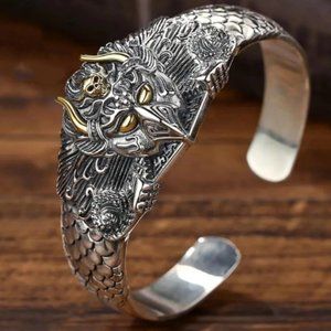 Handmade Vintage Viking Animal Skull Big Bird Dragon Skull Cuff Bracelet Bangle